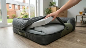A person demonstrating the easy removal of the orthopaedic foam insert from the heavy-duty ballistic nylon dog bed cover.
