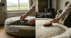 A close-up view showing the easy-care, long-lasting quality of a premium Shetland wool dog bed.