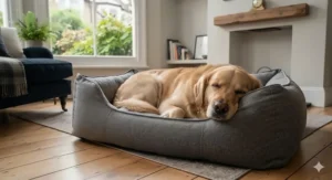 A stylish, cosy microfibre dog bed placed in a modern living room.