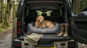 A heavy duty nylon dog bed fitted neatly in the boot of a car.