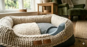A stylish, large merino wool dog bed placed in a contemporary interior.