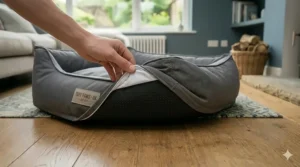 Size comparison of the heavy duty nylon dog bed in small and large.