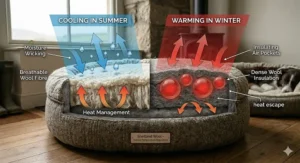 Diagram showing how Shetland wool naturally regulates temperature to keep pets warm during winter.