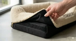 Detail view of the secure velcro fastening on a sherpa fleece dog bed cover.