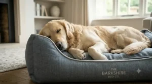 A happy dog resting comfortably and curled up inside a spacious designer linen dog bed.