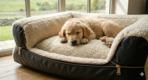 A happy dog relaxing on a soft, deep-filled sherpa fleece dog bed.