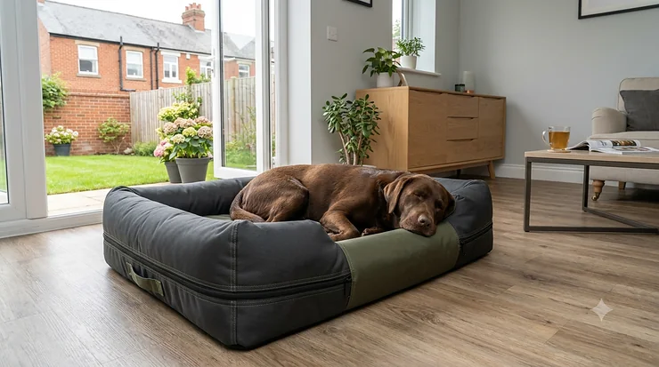 A chocolate Labrador sleeping comfortably on a premium ballistic nylon dog bed in a modern British living room. ballistic nylon dog bed