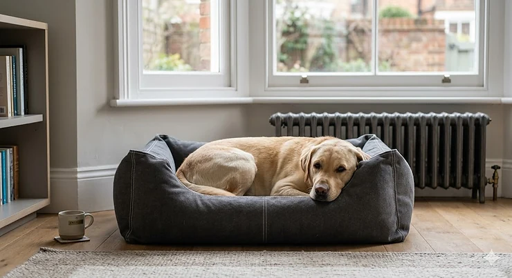A durable canvas dog bed for chewers, featuring reinforced seams and chew-resistant fabric, designed for medium to large British dog breeds. canvas dog bed for chewers