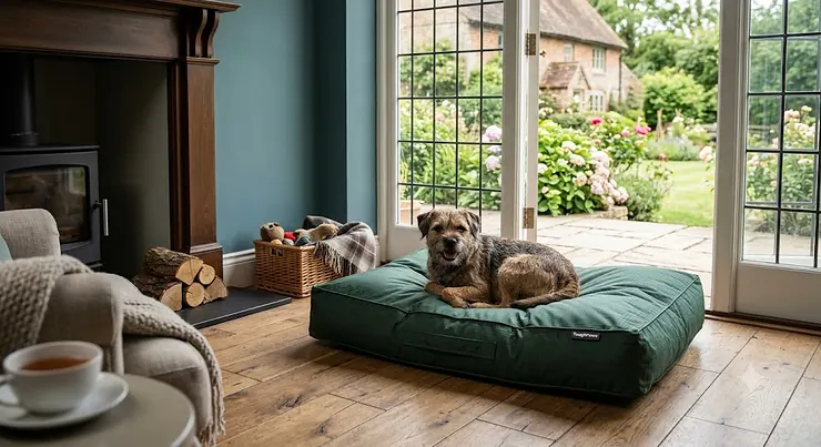 A large, durable grey ripstop nylon dog bed placed in a modern, light-filled living room. ripstop nylon dog bed