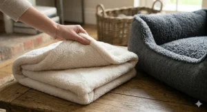 A person removing the zip-off cover of a coral fleece dog bed for machine washing.