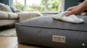 Someone wiping mud off the easy-clean heavy duty nylon fabric.