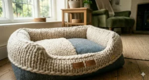 Detailing the removable and easy-to-clean cover of the merino wool dog bed.