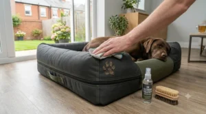A hand using a cloth to wipe away a muddy paw print from the surface of an easy-clean ballistic nylon dog bed.