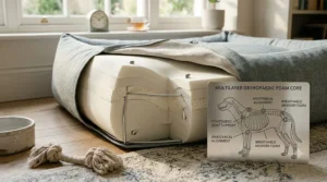 Ergonomic design providing superior orthopaedic support within a soft linen dog bed.