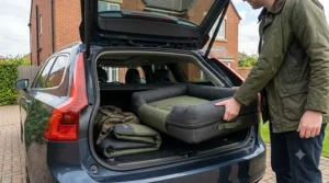 A person loading a large, durable ballistic nylon dog bed into the boot of a UK estate car for travel.