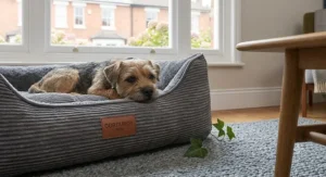 A high-resolution, photorealistic close-up photograph captures a specific detail of the grey corduroy dog bed. The focus is specifically on the left-side bolster wall, where a small, brown leather "CORDUROY PETS" tag is stitched neatly into the wide-wale corduroy fabric. In the softly blurred background, the large sash window and wooden coffee table are visible.