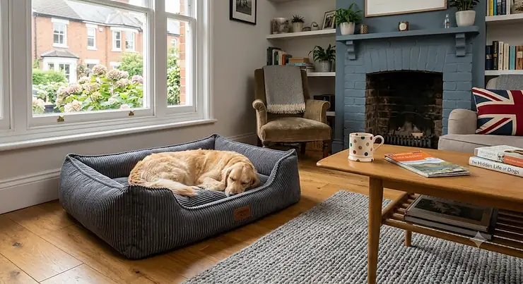 Medium-sized grey corduroy orthopaedic dog bed with thick bolsters and a memory foam base. A sleeping Golden Retriever is comfortably curled up inside. The setting is a cosy, modern British living room. corduroy dog bed