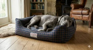 Close-up of the authentic handwoven Harris Tweed wool texture on a luxury dog bed.