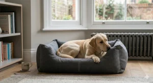 Close-up of heavy-duty canvas fabric showing the tight weave used in our chew-resistant dog beds.