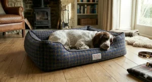A high-sided Harris Tweed dog bed providing a cosy and secure den for your pet.