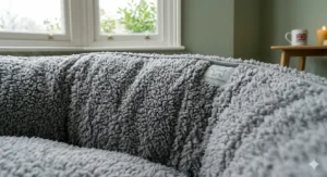 Close-up texture shot of high-quality, soft, hypoallergenic fleece fabric.