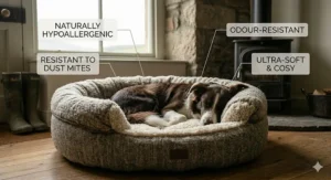 A healthy, relaxed dog resting on a clean, odour-resistant wool bed in a cosy home setting.
