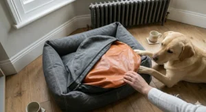 A large canvas dog bed shown alongside a medium-sized dog to demonstrate scale and sleeping space.