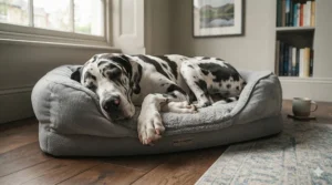 A large dog resting comfortably on a spacious, warm micro fleece dog bed.