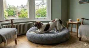 A large Labrador stretching comfortably on a spacious, extra-large fleece dog bed.