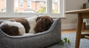 A photorealistic photograph captures an extra-large version of the charcoal grey corduroy dog bed, identical in style and fabric. Sprawled comfortably within the bed is a large adult Golden Retriever, lying on its side and fully extended. The soft green-grey walls and natural daylight from the left illuminate the scene, highlighting the wide-wale corduroy texture.