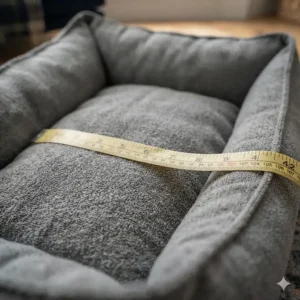 Size dimensions guide for a large rectangular microfibre dog bed.