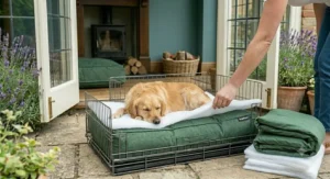 A large ripstop nylon dog bed shown next to a standard sofa for size reference.