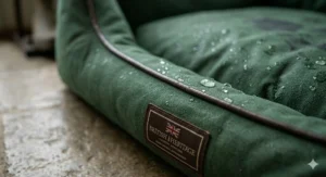 Close-up of the textured surface of a green waterproof canvas dog bed with visible water droplets.
