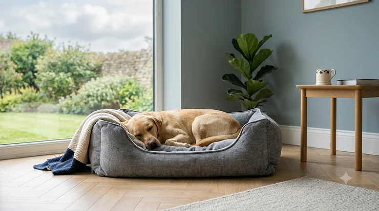 A plush, grey chenille dog bed providing orthopaedic support in a modern living room. chenille dog bed