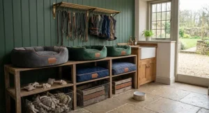 A selection of luxury velvet dog beds arranged neatly in a traditional British boot room.