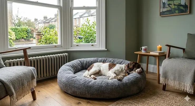 Grey plush fleece dog bed in a modern living room setting. fleece dog beds