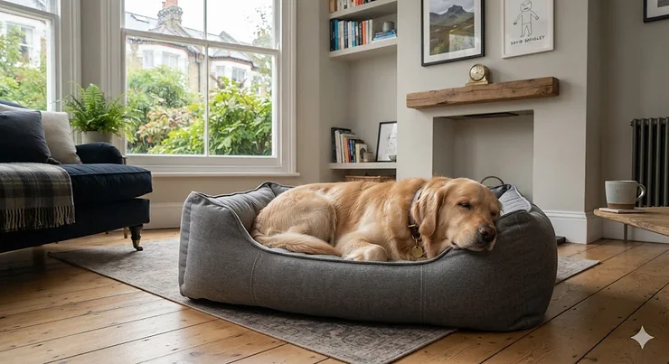 Luxury grey microfibre dog bed for medium-sized dogs. microfibre dog bed