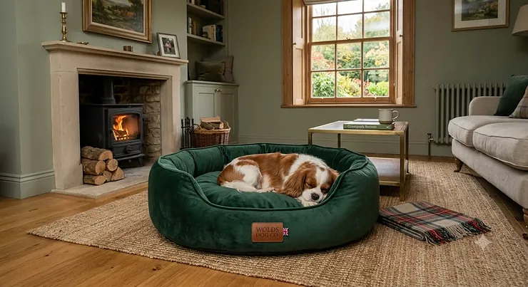 A premium forest green luxury velvet dog bed placed in a cosy, modern British living room. luxury velvet dog bed