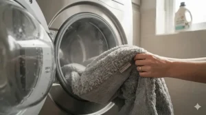 A machine-washable micro fleece dog bed cover being removed for easy cleaning.