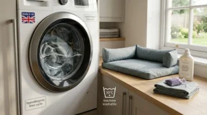 Easily removable and machine-washable linen cover for our hypoallergenic dog bed collection.