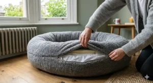 A person removing the zip-off cover of a machine-washable fleece dog bed.