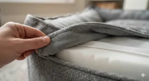 A machine-washable microfibre dog bed cover being removed for laundry.