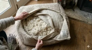 Demonstrating the machine-washable zip-off cover of a wool dog bed.