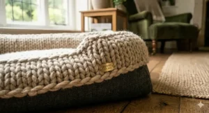 Close-up showing the soft, natural texture of the merino wool dog bed.