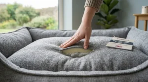 A beige chenille dog bed styled in a neutral-toned home interior.