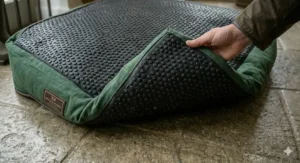 A hand lifting the corner of a waterproof canvas dog bed to reveal the non-slip rubberised base.