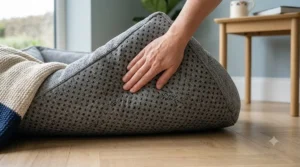 The underside of a chenille dog bed displaying the non-slip backing for floor stability.