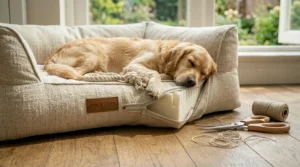 Underside view of the dog bed highlighting the dotted anti-slip, durable base to keep it secure on hard floors.