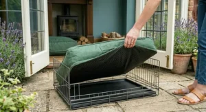 The underside of a ripstop nylon dog bed showing the non-slip grip material for floor stability.