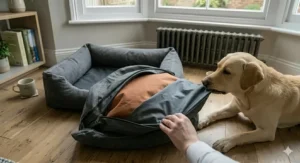 The underside of the durable canvas dog bed showing the non-slip material for stability on hard floors.